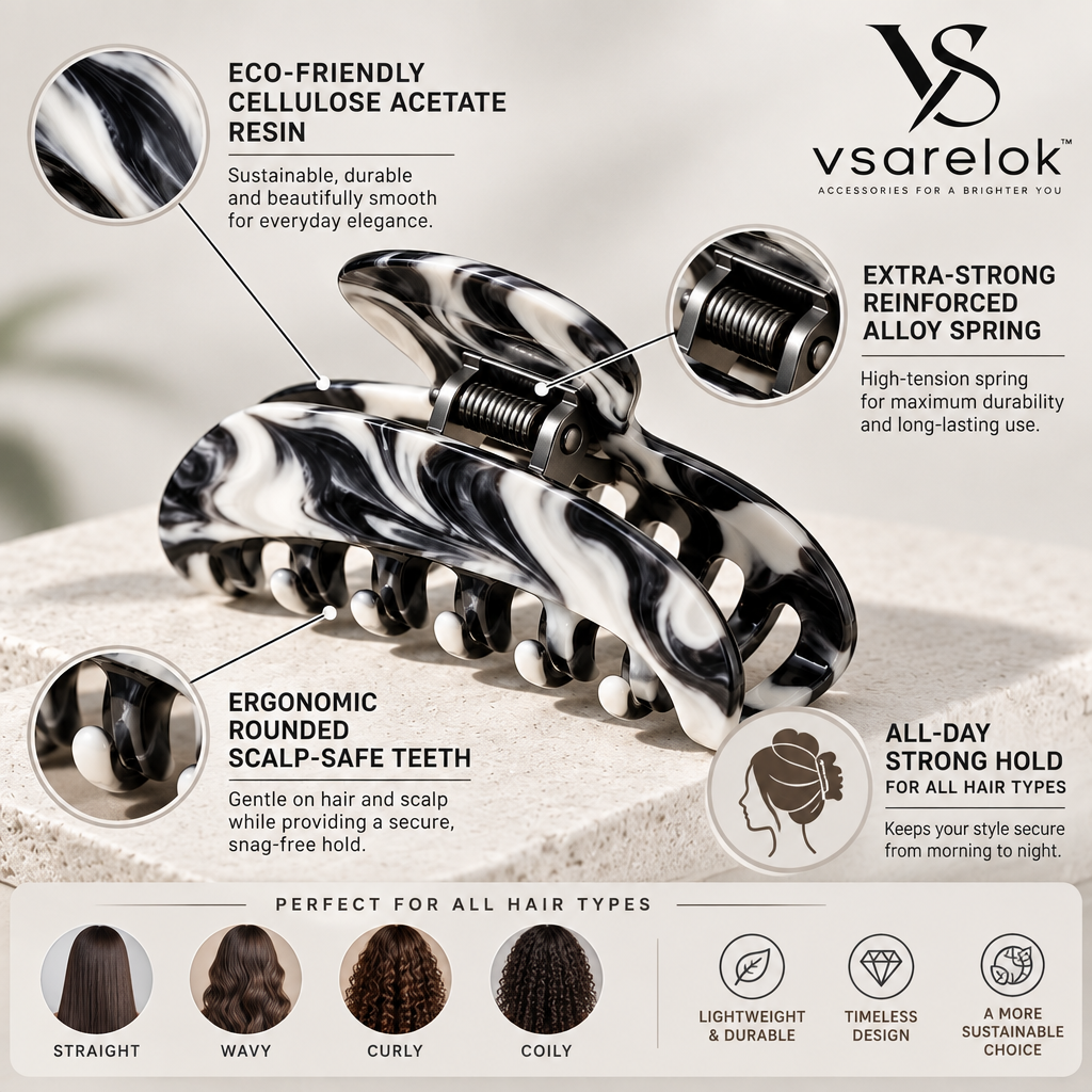 vsarelok™ MarbreNoir Eco-Cellulose Acetate High-Tension Hair Claw Clip