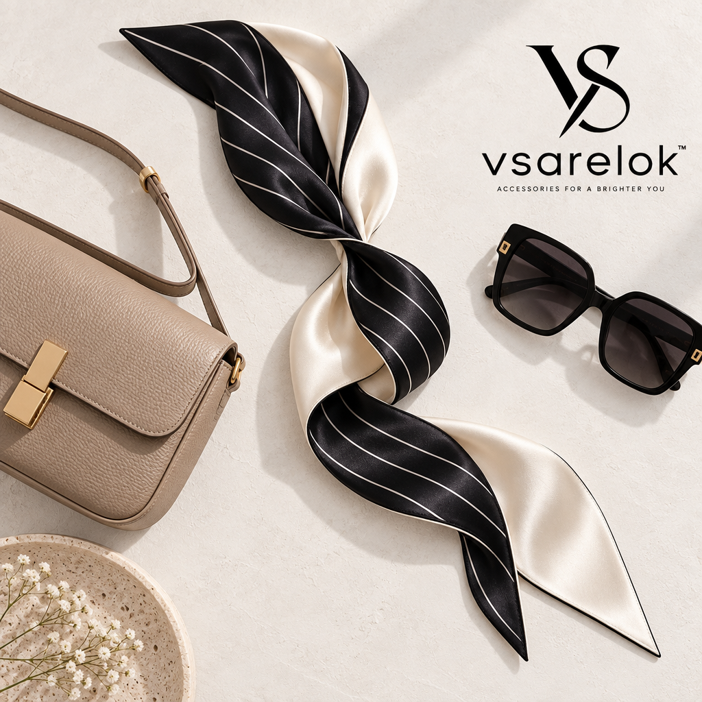 vsarelok™ SilkSkinny Reversible 100% Mulberry Silk Skinny Twilly Scarf with Cinch Ring