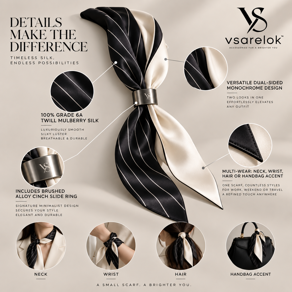 vsarelok™ SilkSkinny Reversible 100% Mulberry Silk Skinny Twilly Scarf with Cinch Ring